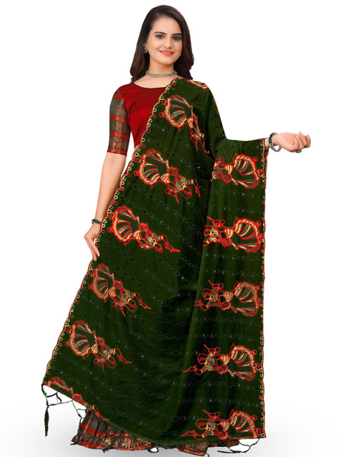 Kemza Ethnic Motifs Embroidered Mirror Work Chanderi Cotton Dupatta