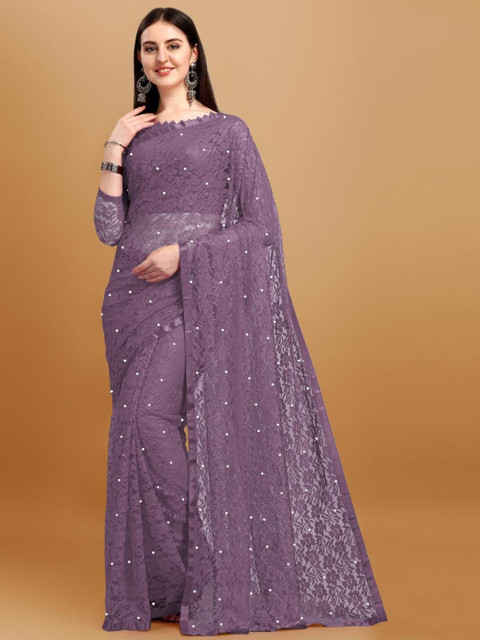 LOROFY Floral Woven Design Beads and Stones Net Saree