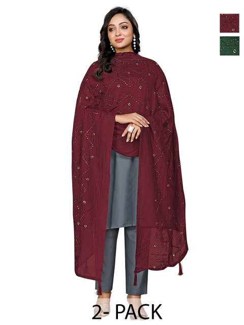 Kemza Pack Of 2 Geometric Embroidered Chanderi Cotton Dupatta With Sequinned