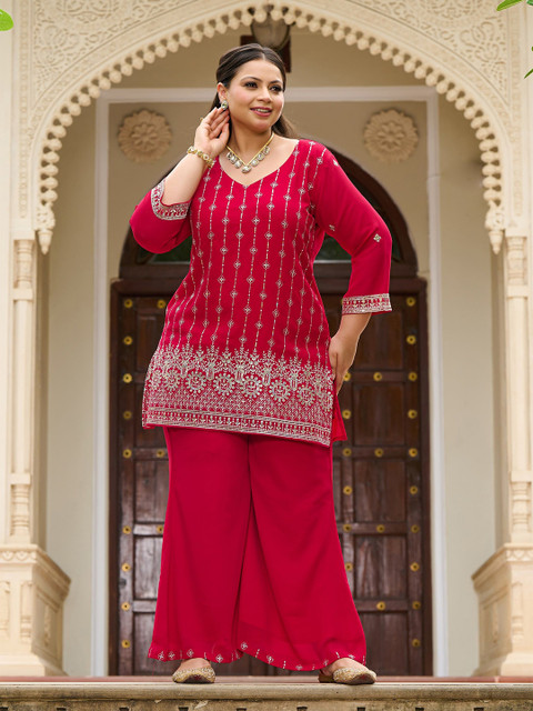 PrettyPlus by Desinoor.com Embroidered V-Neck Plus Size Tunic With Palazzo Co-Ords
