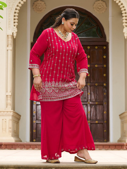 PrettyPlus by Desinoor.com Embroidered V-Neck Plus Size Tunic With Palazzo Co-Ords - Image 3