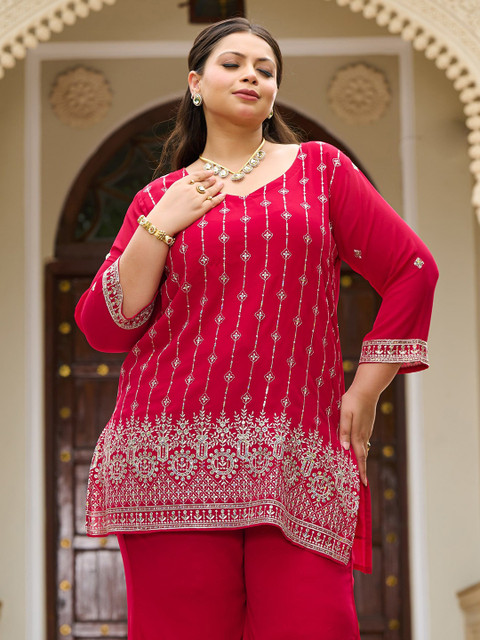 PrettyPlus by Desinoor.com Embroidered V-Neck Plus Size Tunic With Palazzo Co-Ords - Image 7