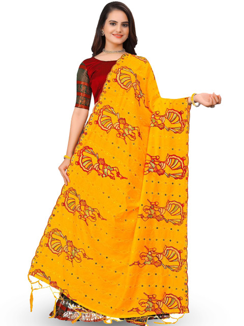 Kemza Ethnic Motifs Embroidered Chanderi Cotton Dupatta With Mirror Work