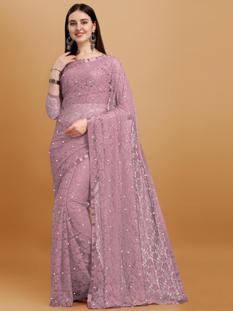 LOROFY Floral Beads and Stones Net Designer Saree