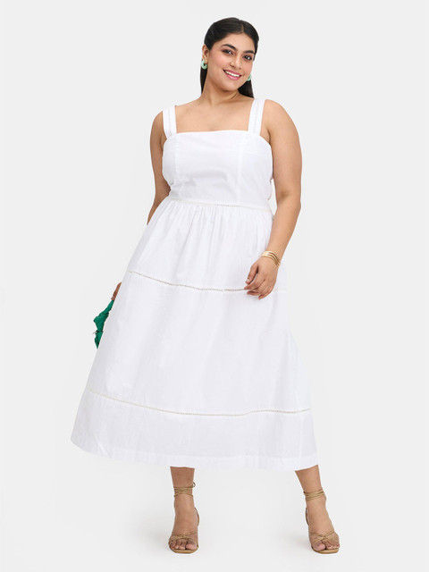 Virgio Plus Size Women Tiered Lace Panel Pure Cotton Fit & Flare Midi Dress