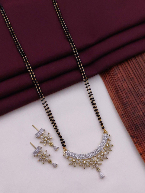SOLIBELLE Silver Plated American Diamond Studded & Beaded Mangalsutra With Earrings
