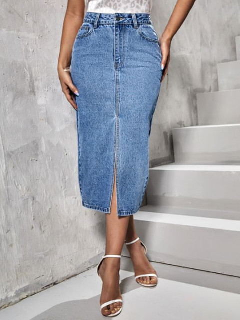CHALODIA Denim High-Waist Straight Midi Skirt