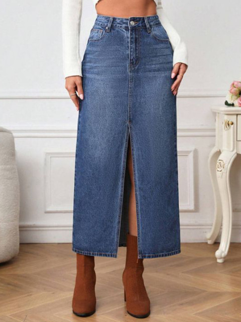 CHALODIA Denim High-Waist Straight Midi Skirt