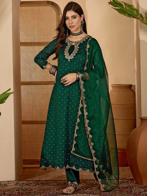 Sangria Women Ethnic Motifs Embroidered Anarkali Kurta with Trouser & Dupatta