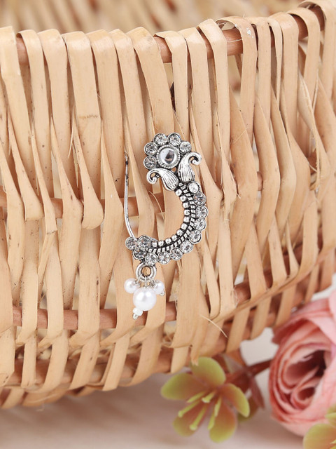 FLINGDOM Sterling Silver Oxidised Stone-Studded & Beaded Stud Nosepin