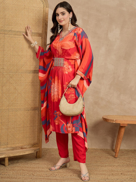 HERE&NOW Floral Printed Regular V-Neck Cotton Silk Kaftan Kurta With Trousers