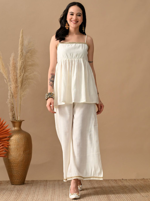 Myshka Self Design Peplum Top & Trousers Co-Ord Set