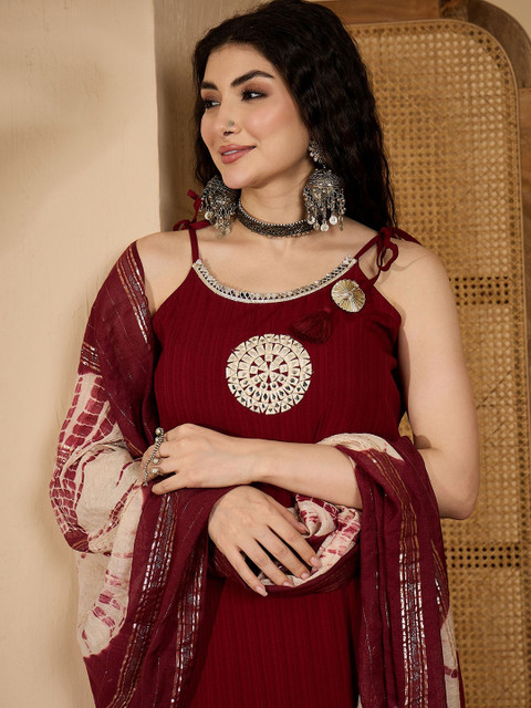 Sangria Women Embroidered A-Line Kurta with Trousers & Dupatta Set