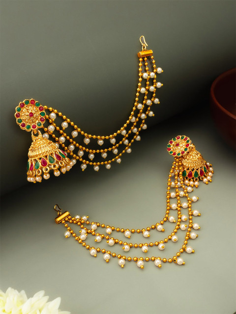 Anouk Gold Plated Kundan Studded And Pearls Beaded Dome Shaped Jhumkas With Ear Chain