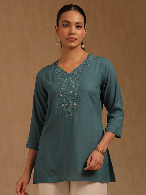 Soch Floral Yoke Design V-Neck Thread Work Straight Kurti