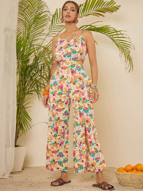 WineRed Printed Waist Cut-Out Cotton Basic Jumpsuit