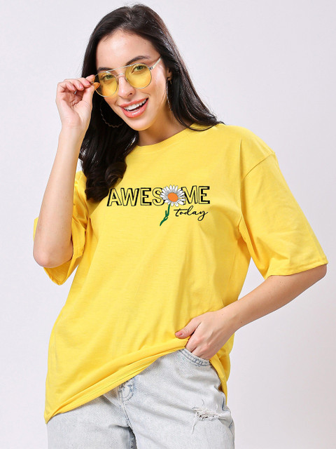 TQH Typography Printed Round Neck Drop-Shoulder Sleeves Oversized Cotton T-shirt