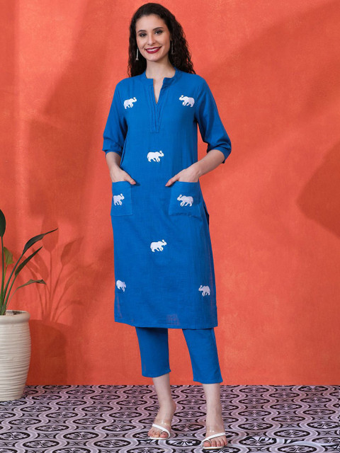 Sangria Women Animal Printed Pure Cotton Daily Straight Kurta