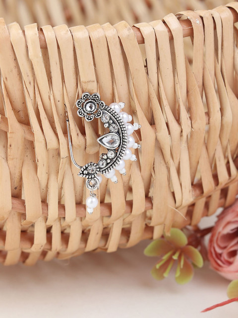 FLINGDOM Sterling Silver Stone-Studded & Beaded Oxidised Ring Nosepin