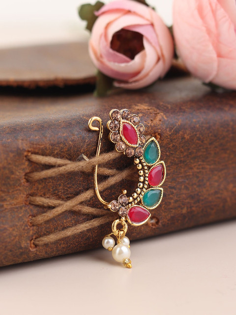 FLINGDOM Sterling Silver Stones Studded & Beads Maharashtrian Nosepin