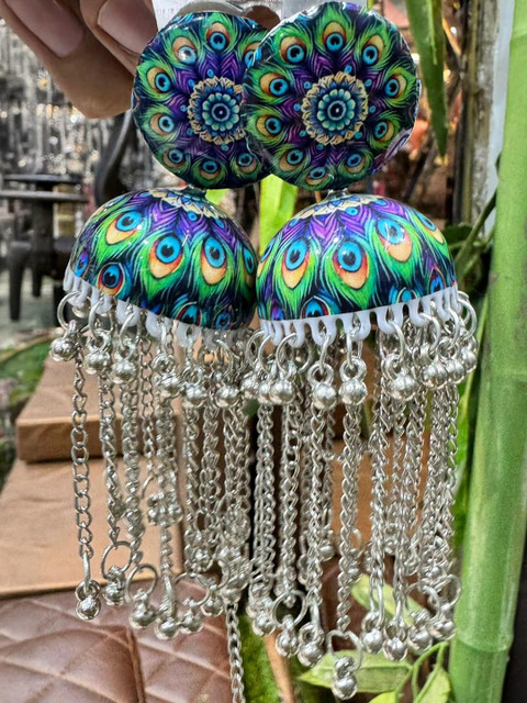 SZN Women Peacock Feather Print Jhumka Earrings