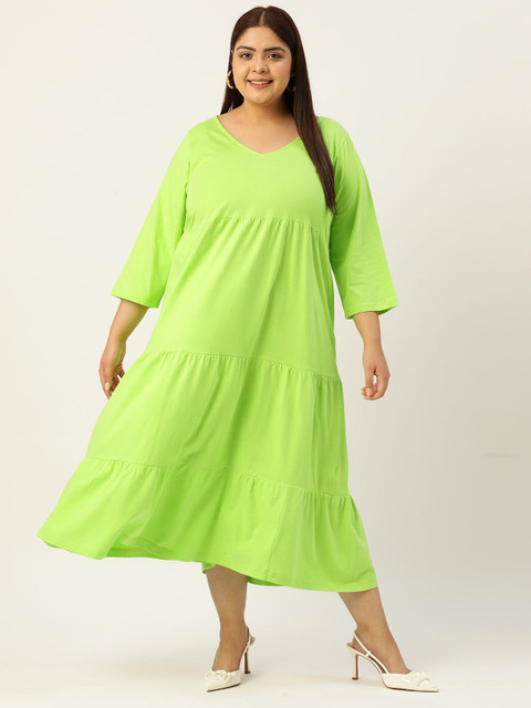 theRebelinme Plus Size V-Neck Tiered Pure Cotton A-Line Midi Dress