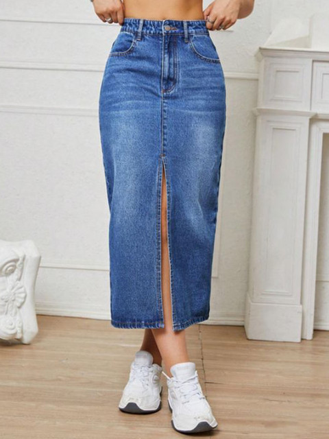 CHALODIA Denim High-Waist Straight Midi Skirt