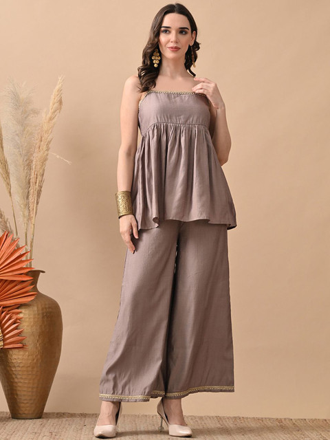 Myshka Self Design Peplum Top & Trousers Co-Ord Set