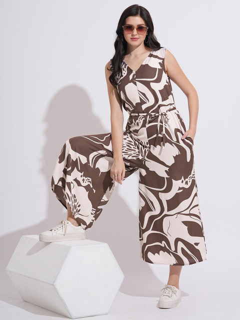 Murcia Brown & Creme Floral Printed Anti Fit Jumpsuit With Waist Tie-up