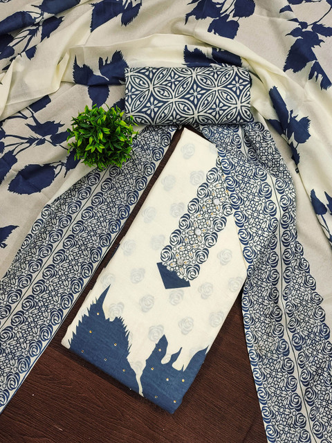 HERE&NOW Floral Printed Beads And Stones Cotton Unstitched Dress Material