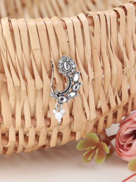 FLINGDOM Sterling Silver Oxidised Stone-Studded & Beaded Stud Nosepin