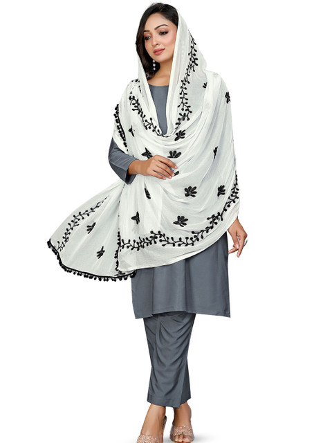 Kemza Women Chiffon Embroidered Floral Phulkari Dupatta with Pom Pom Lace