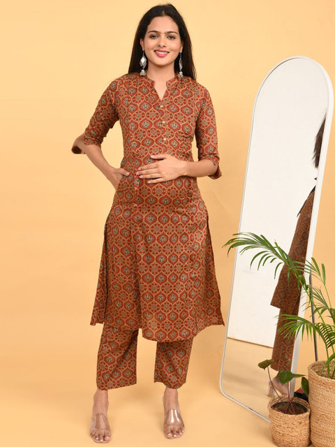 GOLDSTROMS Ethnic Motifs Printed Straight Pure Cotton Maternity Kurta With Trousers