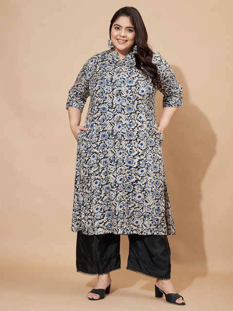 GULMEHAK Floral Printed Mandarin Collar A Line Cotton Kurta