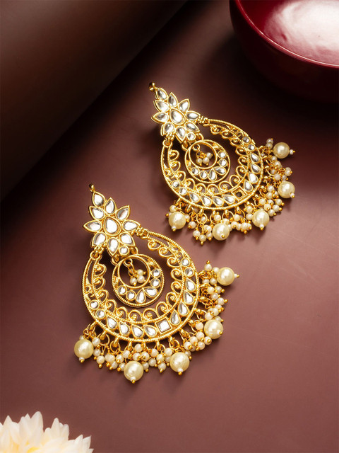 Anouk Gold Plated Kundan Studded And Beaded Circular Shaped Drop Earrings