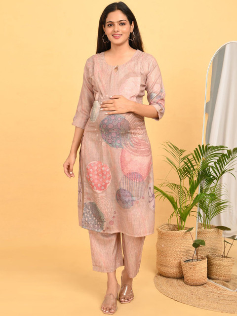 GOLDSTROMS Women Maternity Linen Kurta with Trousers