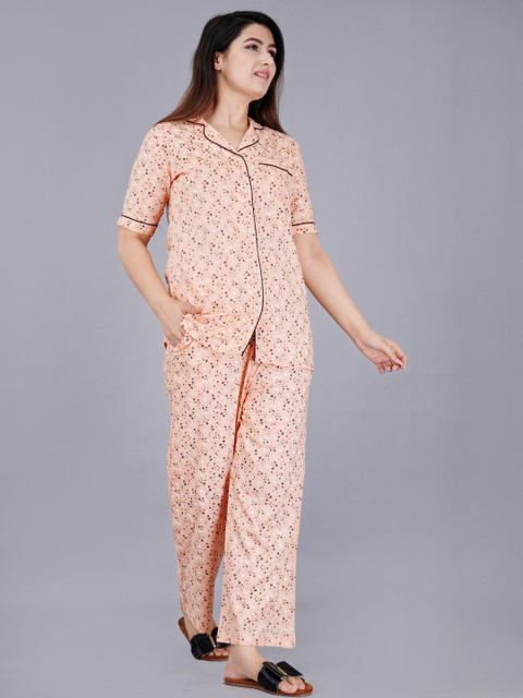 Mintmarie Women Peach Cotton Nightwear Rayon Shorts & Full Pyjama Set