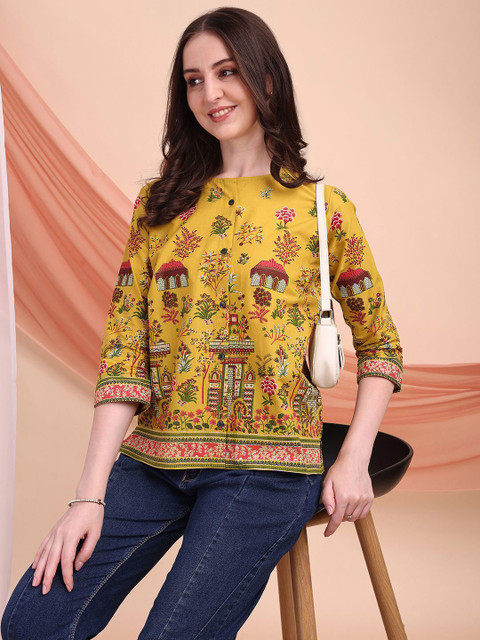 Kinjo Women Cotton Round Neck Ethnic Motifs Printed Top