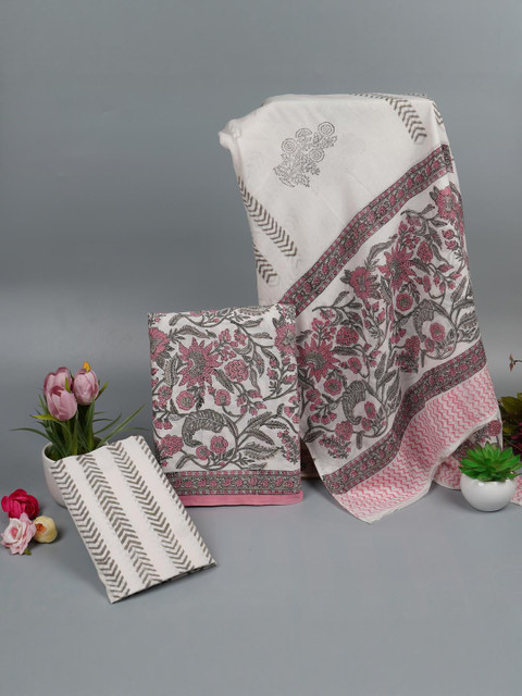 Kwatchi Women Pink & White With Floral Printed Pure Cotton Unstitched Dress Material