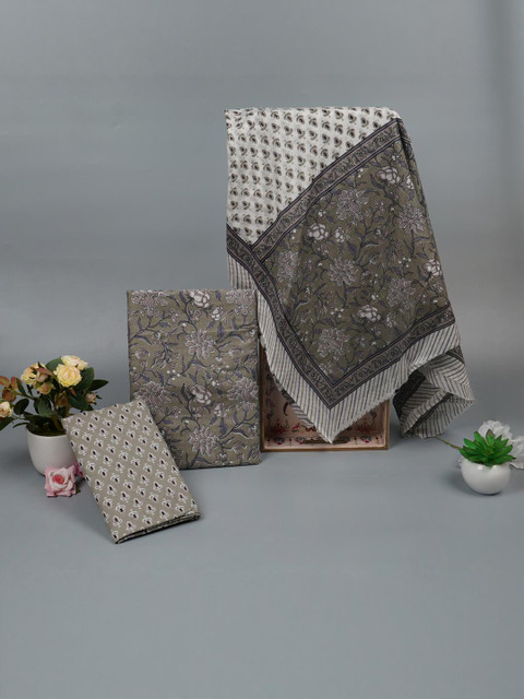 Kwatchi Women Green Floral Printed Cotton Unstitched Kurta Salwar & Dupatta Dress Material