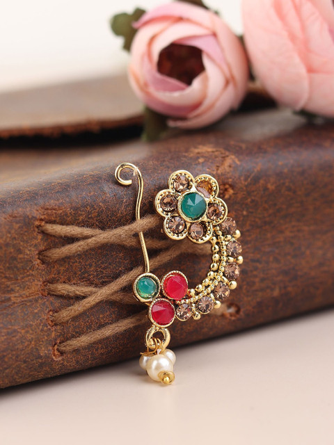 CLIPZON Sterling Silver Stone-Studded & Beaded Ring Nosepin