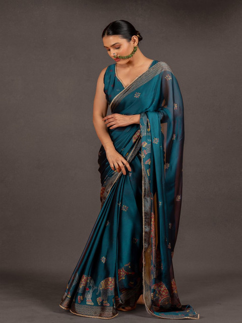 KALINI Geometric Block Print Saree