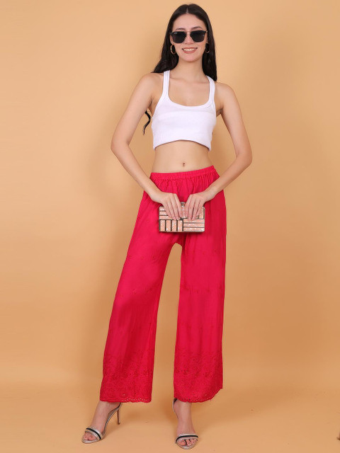 Mytrendzs Women Pink Half Chikankari Palazzo