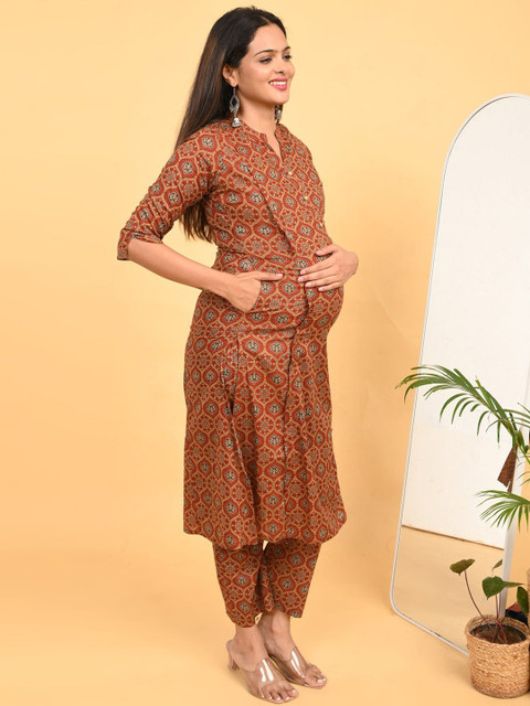 GOLDSTROMS Ethnic Motifs Printed Straight Pure Cotton Maternity Kurta With Trousers - Image 4