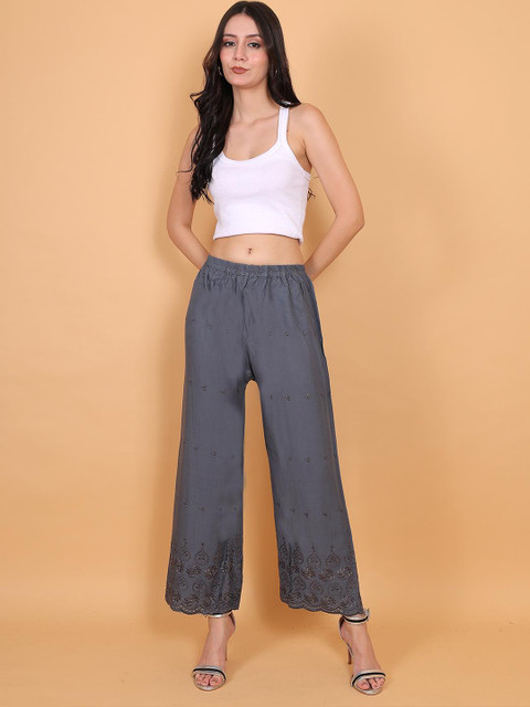 Mytrendzs Women Grey Embroidered Drawstring Waist Palazzo