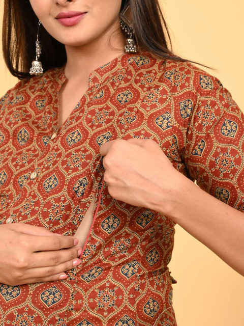 GOLDSTROMS Ethnic Motifs Printed Straight Pure Cotton Maternity Kurta With Trousers - Image 2
