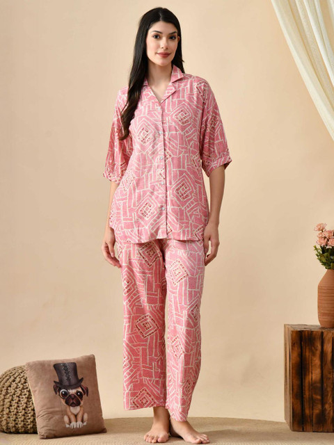 Mintmarie Women Pink Geometric Print Rayon Nightwear Set