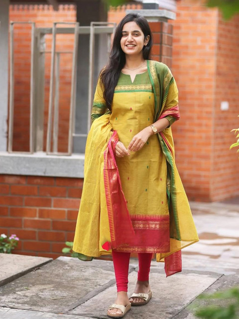 Shriyangan Woven Design Zari V-Neck A-Line Pure Cotton Kurta & Dupatta