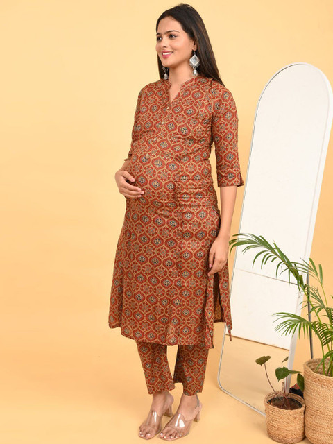GOLDSTROMS Ethnic Motifs Printed Straight Pure Cotton Maternity Kurta With Trousers - Image 5