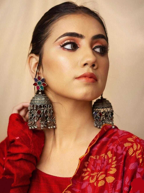 OPUS GEMS Artificial Stones Studded & Ghungroo Beaded Oxidised Dome Shaped Jhumkas